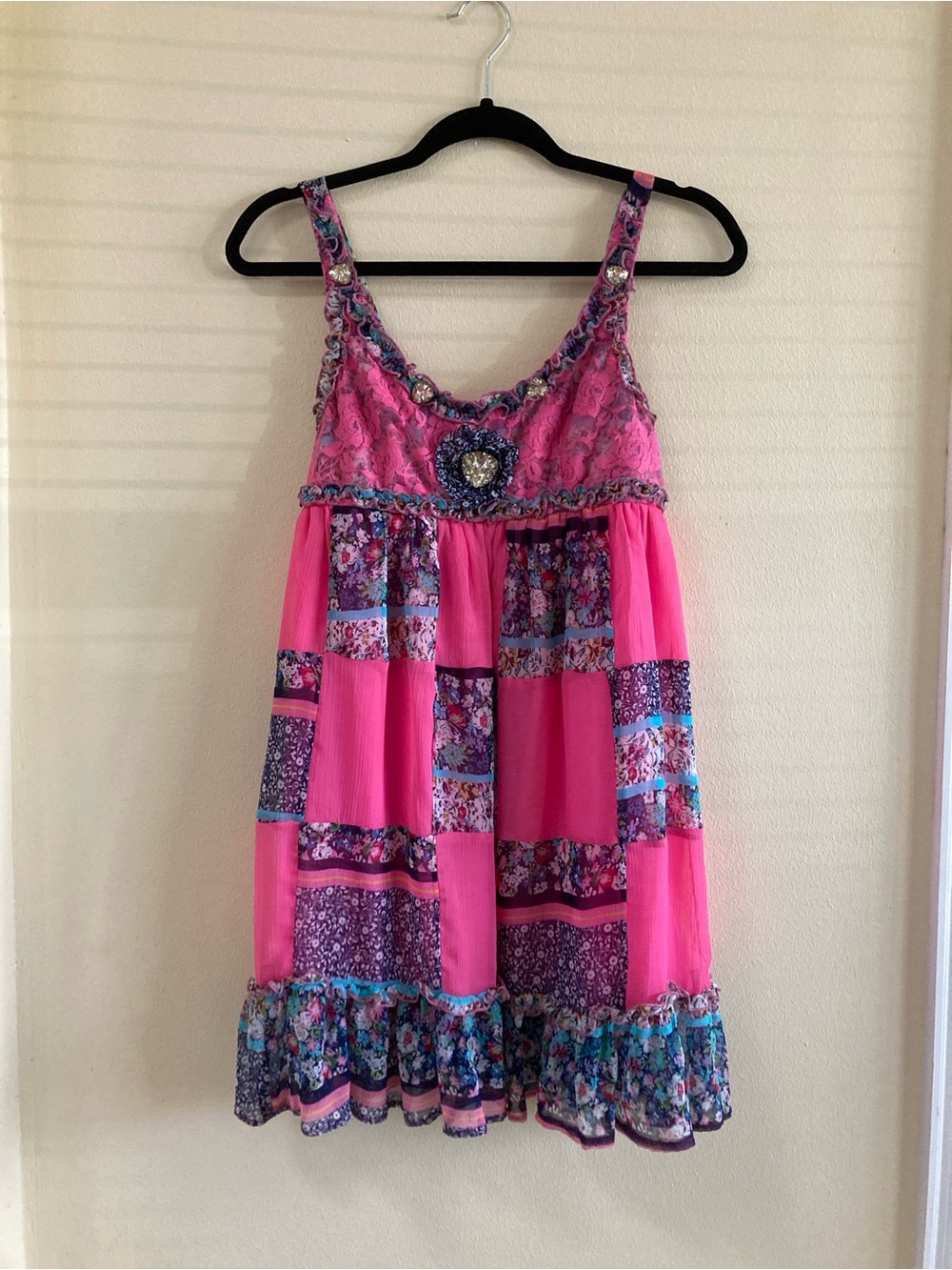 Runaway Pink Patchwork Mini Dress with Floral Trim